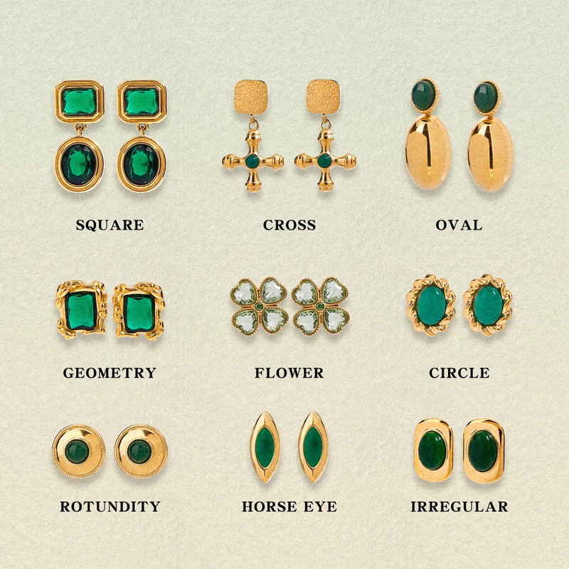 Kika Retro 18K Gold Color Stainless Steel Green Zircon Geometric Earrings