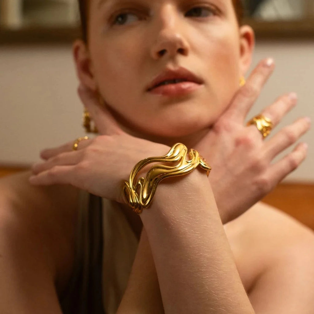 KIKA Waterproof 316l Stainless Steel Irregular Exaggerated Big Cuff Bracelet Bangle Stylish Unique Design Golden Charm