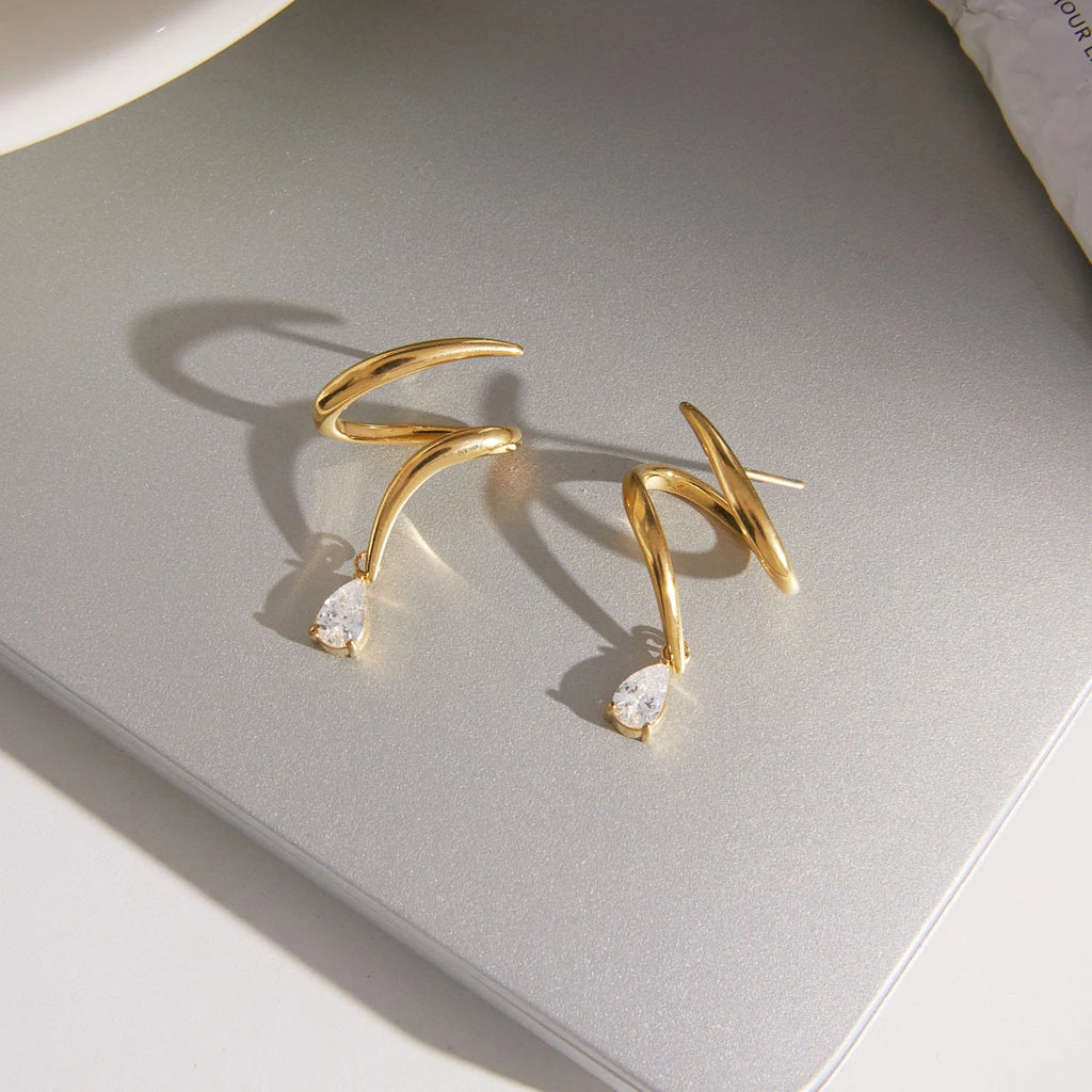 Kika Water Drop Zircon Earrings Minimalist Wave Shape 18K Gold PVD Plated Stainless Steel 316L