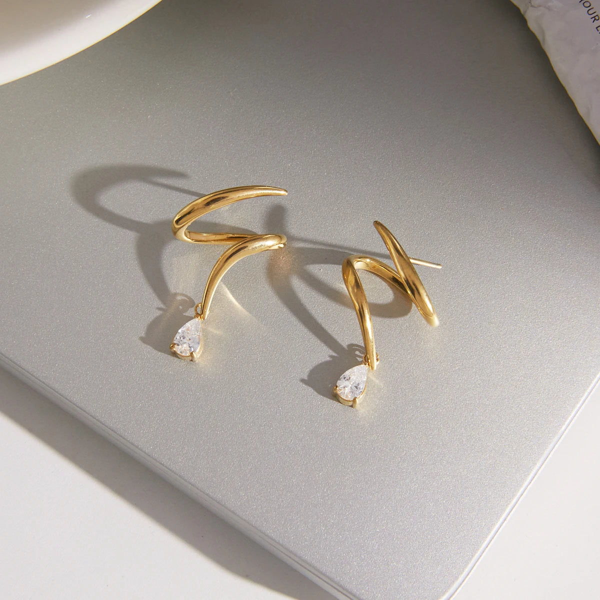 Kika Water Drop Zircon Earrings Minimalist Wave Shape 18K Gold PVD Plated Stainless Steel 316L