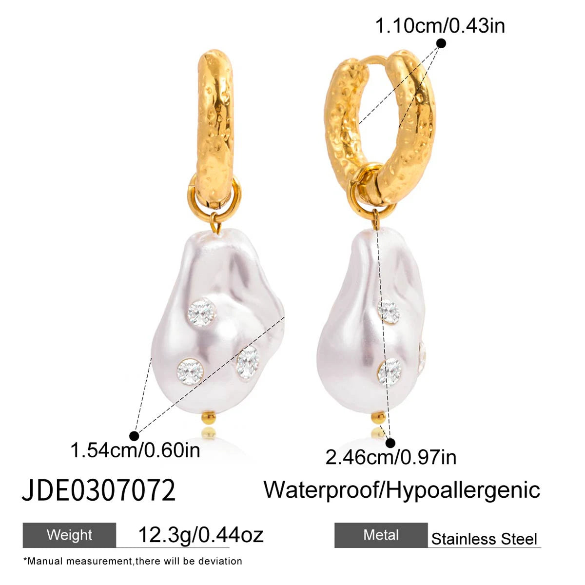 KIKA Vintage White Zircon Shaped Pearl Pendant Earrings 18K Gold Color PVD  Plated Stainless Steel 316L Waterproof