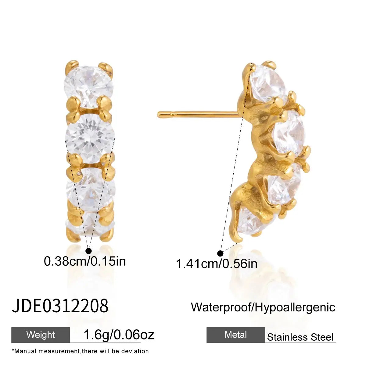 Kika Delicate Full Zircon C Shape Stud Earrings 18K Gold PVD Plated Stainless Steel 316L