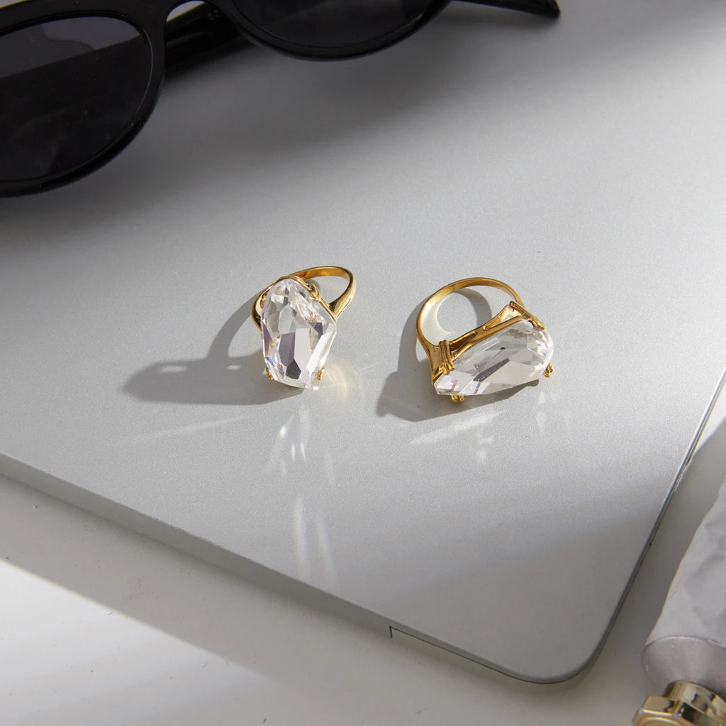 KIKA Chunky Big Crystal Glass Stone Rings PVD Plated Stainless Steel 316L