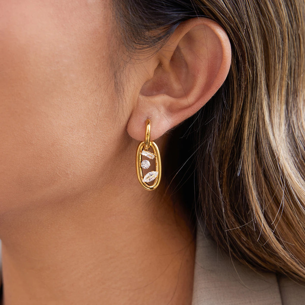 KIKA Classic 18K PVD Plated Gold Color Stainless Steel 316L Geometric Double Ring Earrings With White Zircon Women Waterproof Jewelry