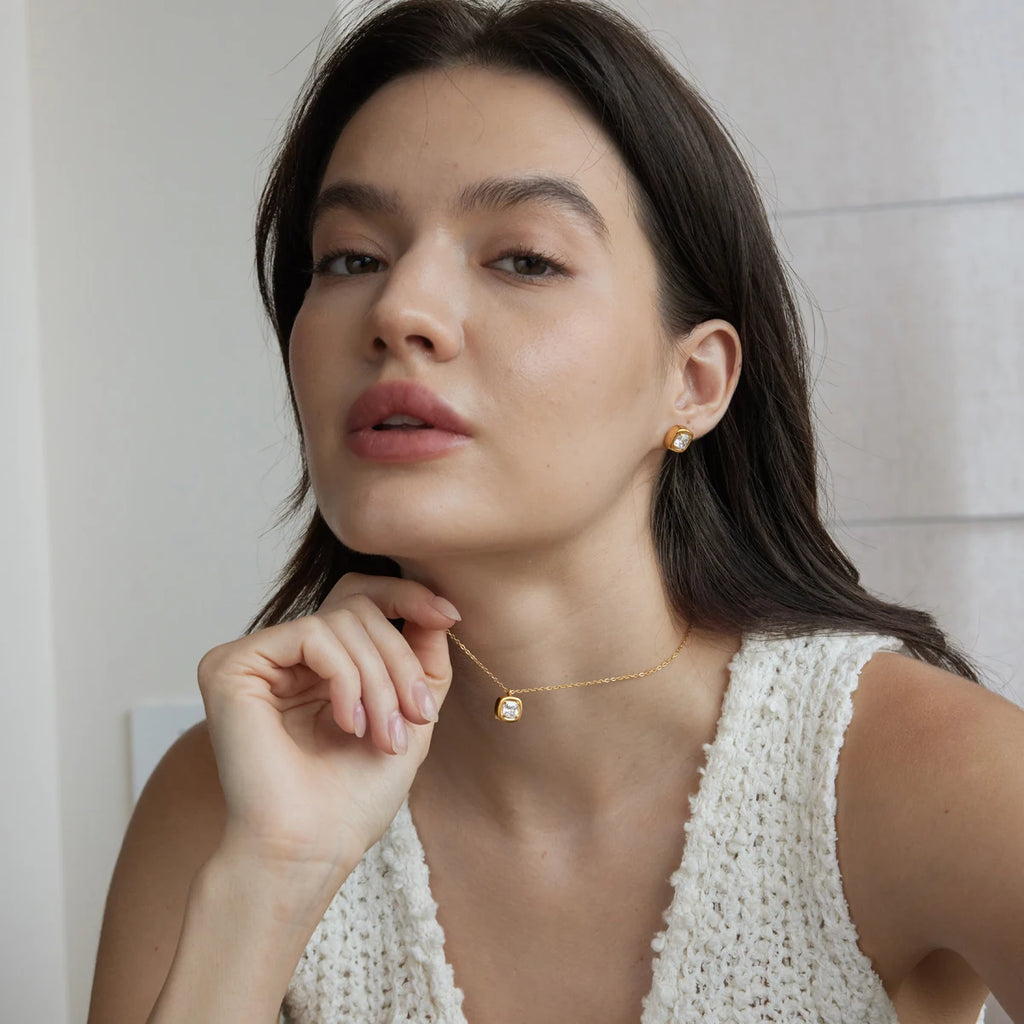 KIKA Delicate Geometric Zircon Necklace Earrings For Women Minimalist 18K Gold PVD Plated Stainless Steel 316L