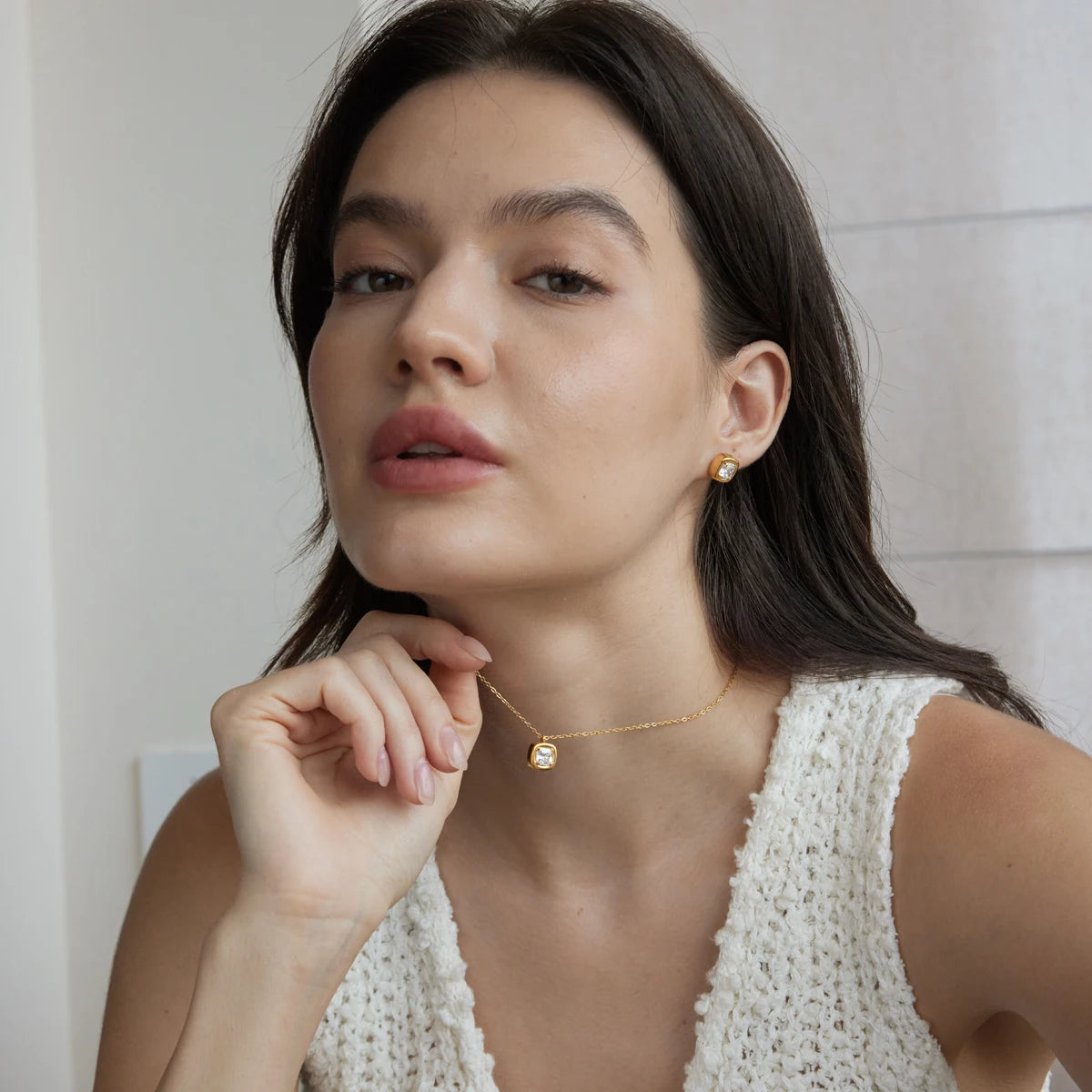 KIKA Delicate Geometric Zircon Necklace Earrings For Women Minimalist 18K Gold PVD Plated Stainless Steel 316L