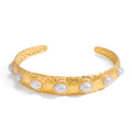 Classic Wide Hammer Patterned Imitation Pearl Opening Bracelet