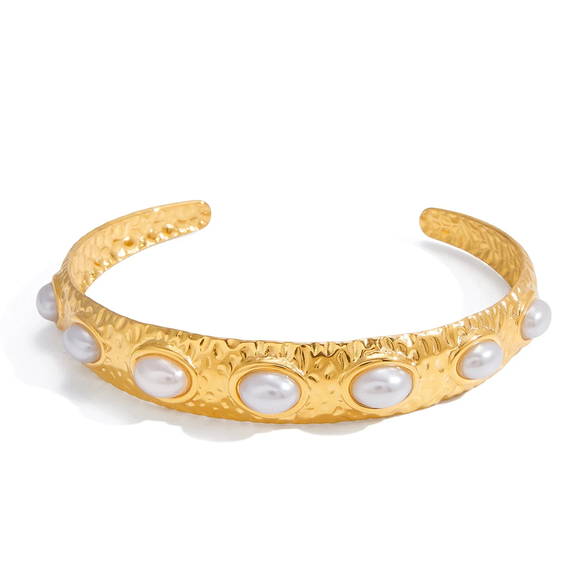 Classic Wide Hammer Patterned Imitation Pearl Opening Bracelet