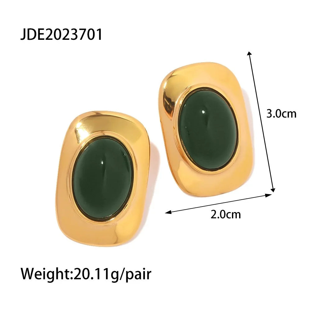 Kika Retro 18K Gold Color Stainless Steel Green Zircon Geometric Earrings