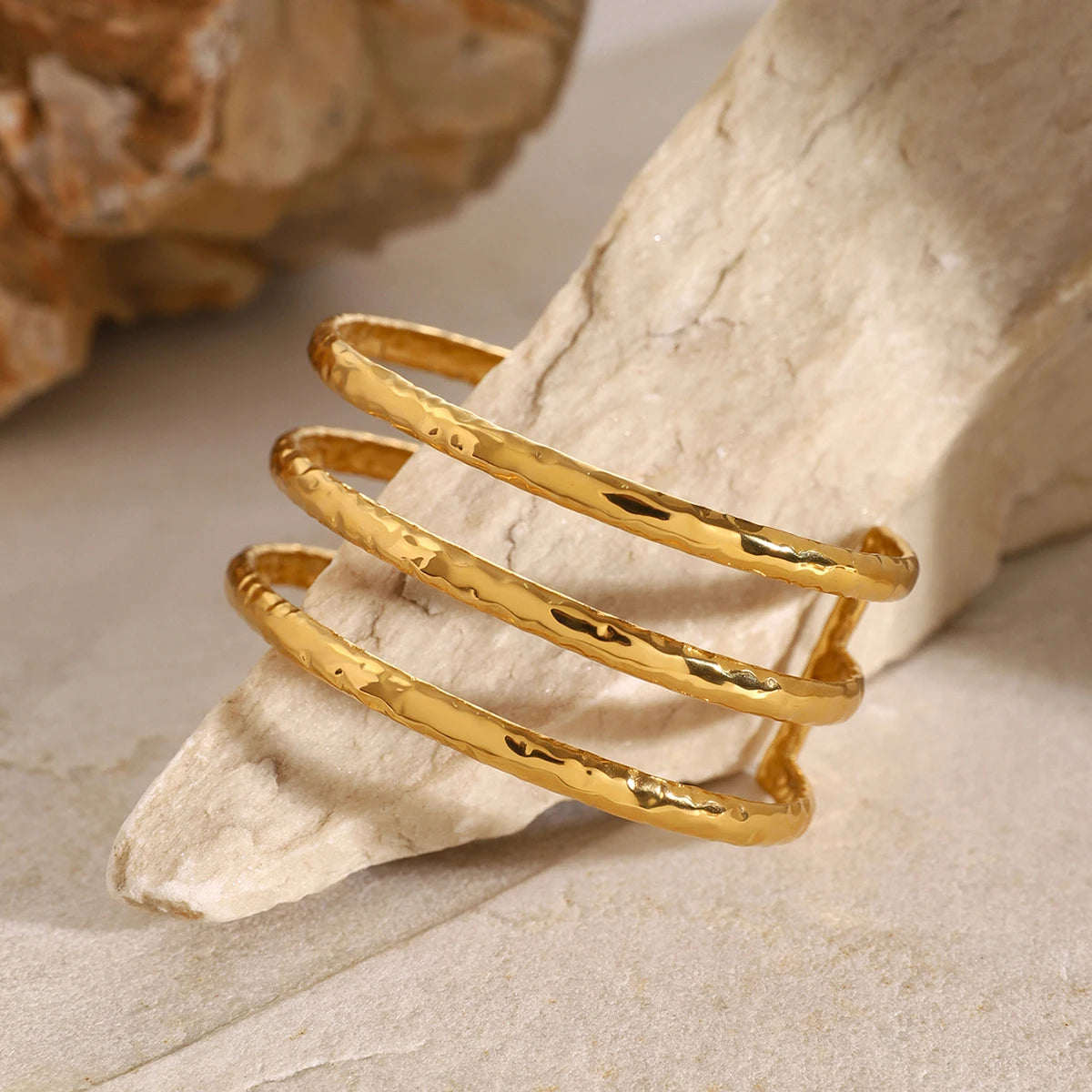 KIKA Stainless Steel Statement Gold Color Cuff Bracelet Bangle Metal Texture Multi-Layer Temperament Waterproof Jewelry