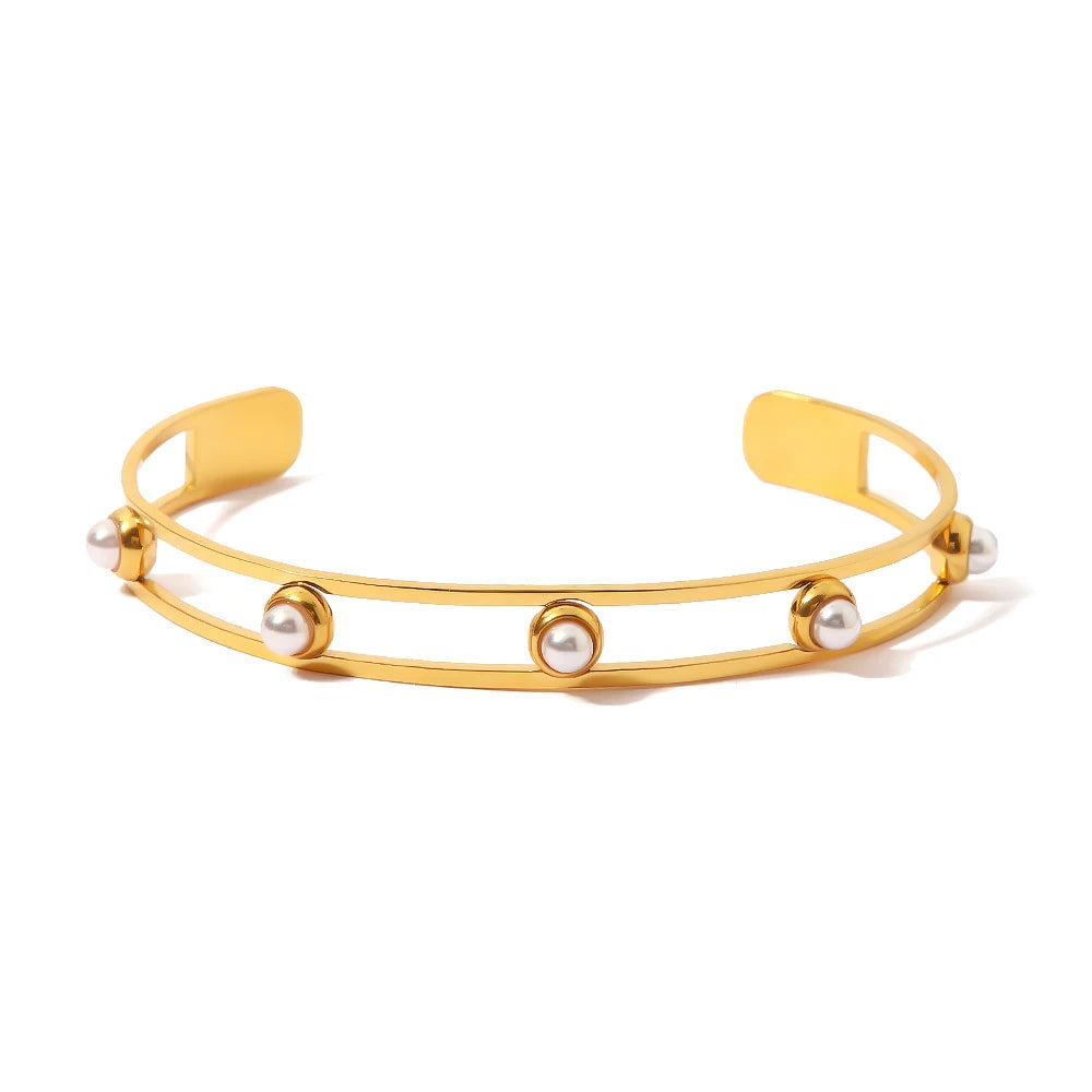 Kika Waterproof Metal Texture 18K Gold Color Stainless Steel Cuff Open Bracelet Bangle