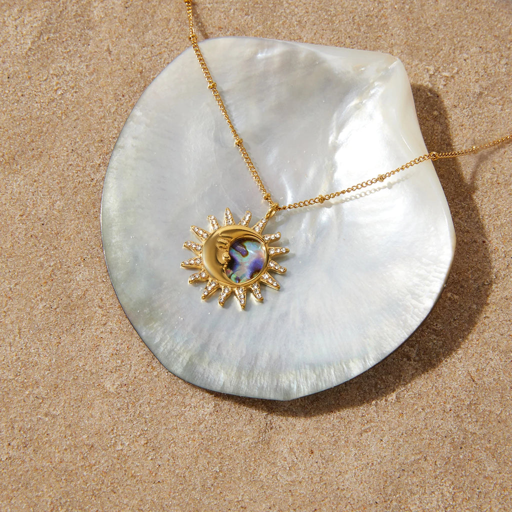 Kika Classic Moon Sun Pendant With White Rhineston Bead Chain Necklace