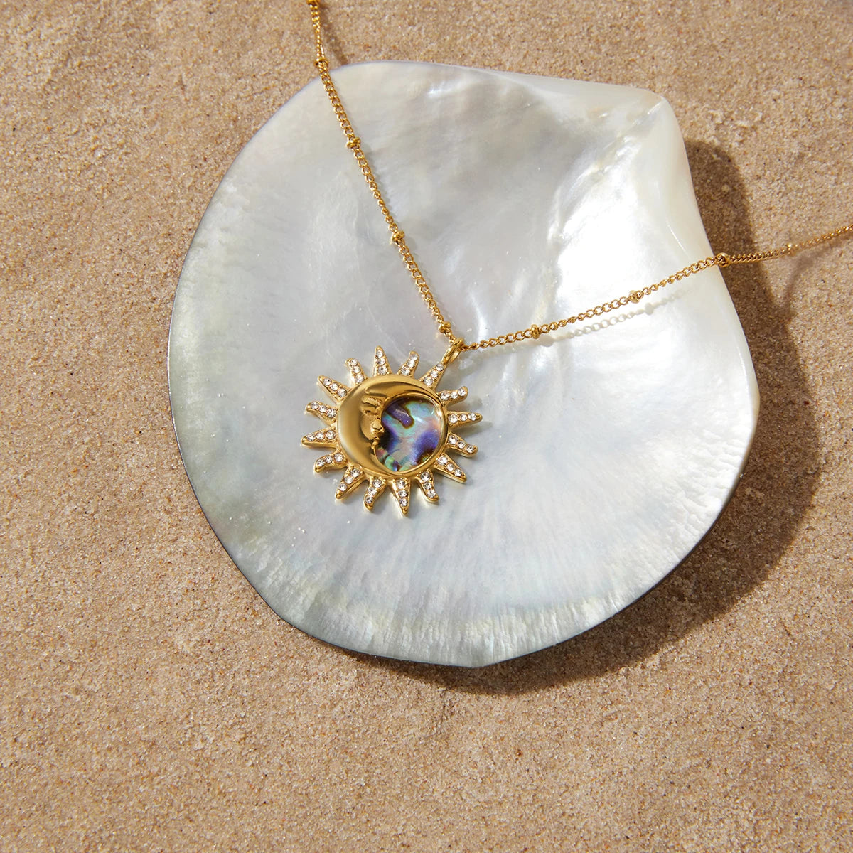 Kika Classic Moon Sun Pendant With White Rhineston Bead Chain Necklace