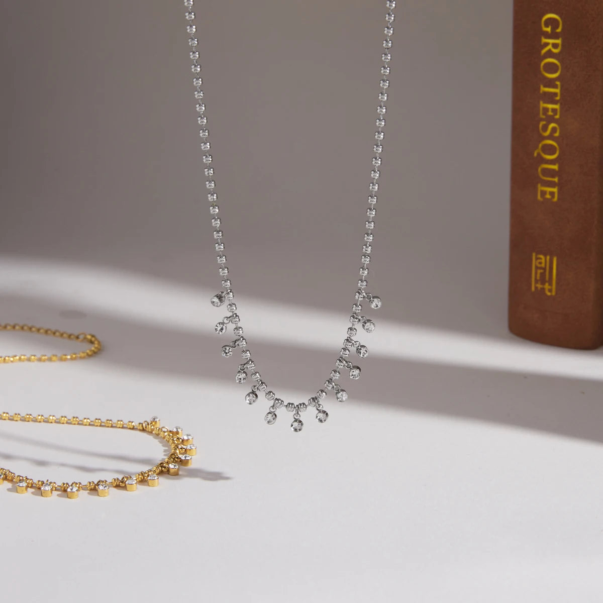 Kika Delicate Steel Color Paperclip Chain With White Zircons Necklaces