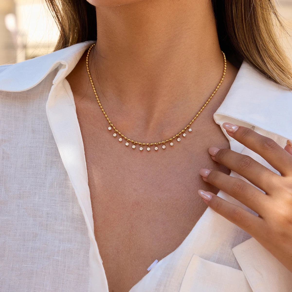 Kika Delicate Steel Color Paperclip Chain With White Zircons Necklaces