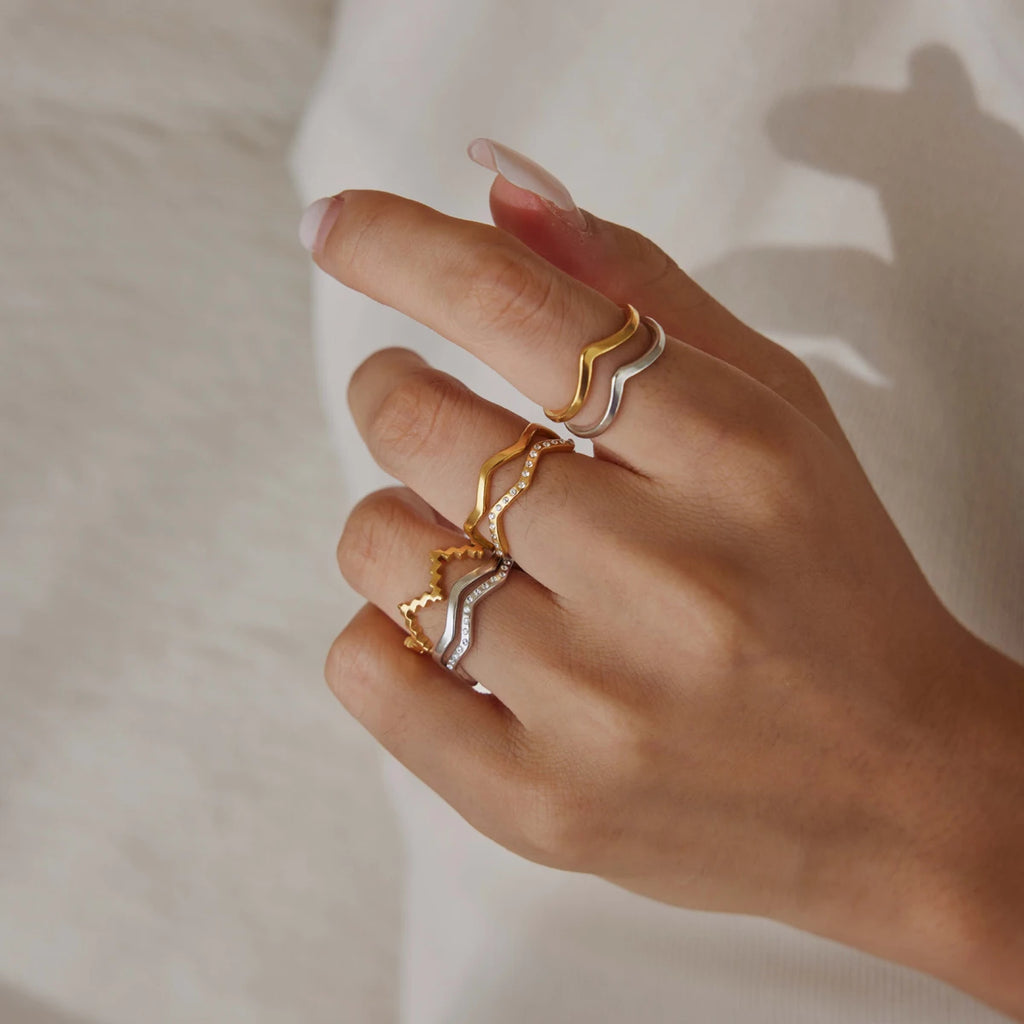 KIKA 2 Pcs/Set Zircon Wave Shape Rings For Women Minimalist 18K Gold PVD Plated Stainless Steel Rings Fashion Jewelry Gift