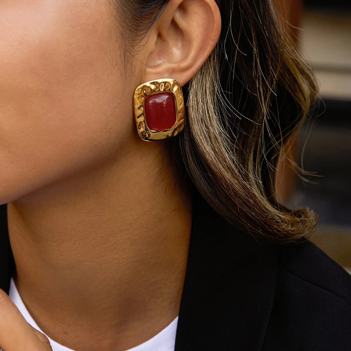 Kika Vintage Hammer Pattern Square Red Resin Ear Studs 18K Gold Color Plated Stainless Steel