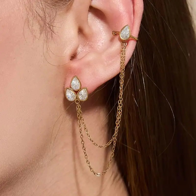 Kika Water Drop Zircon Chain Tassel Earrings 18K Gold PVD Plated Stainless Steel