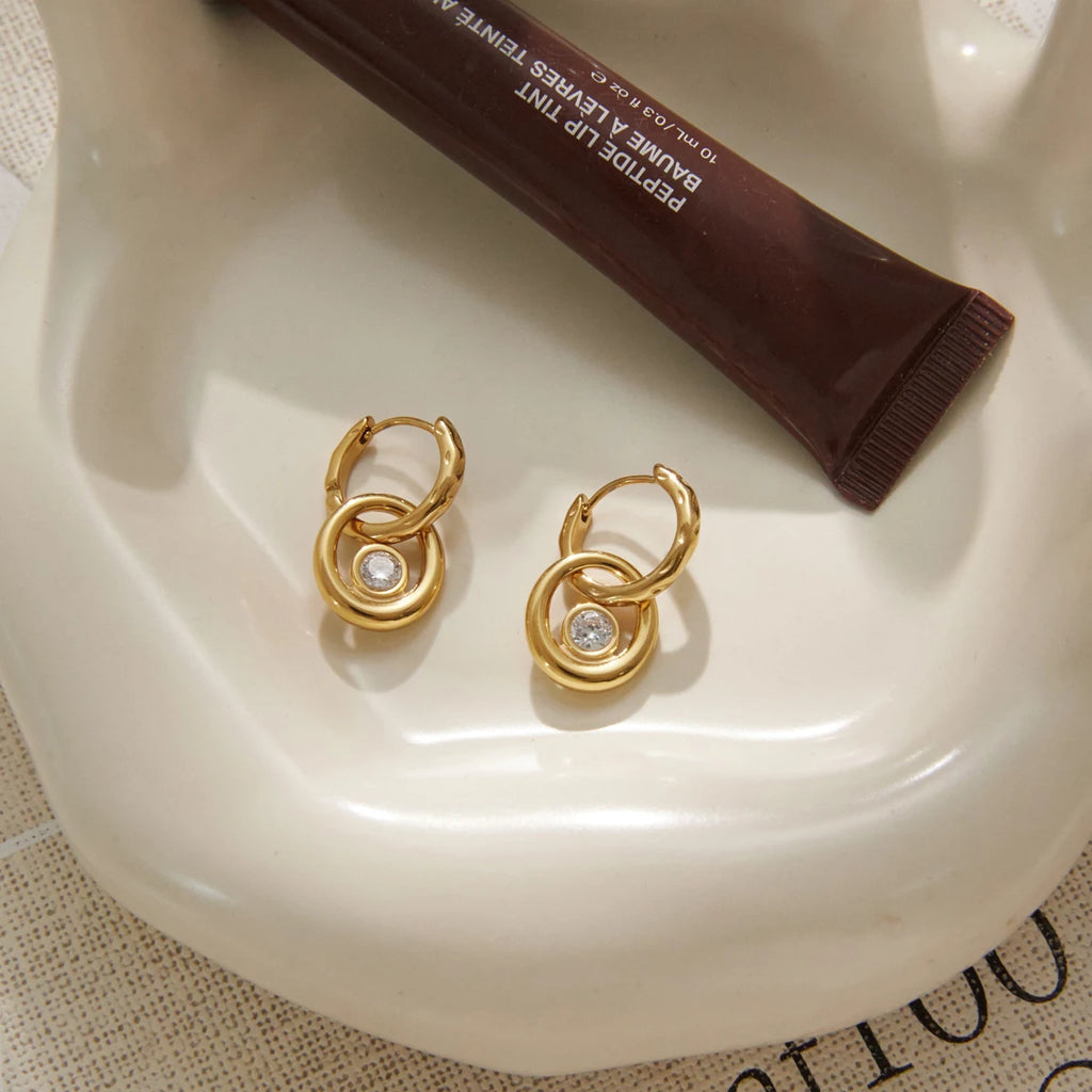 Kika Classic Round Zircon Drop Earrings Gold PVD Plated Stainless Steel 316L