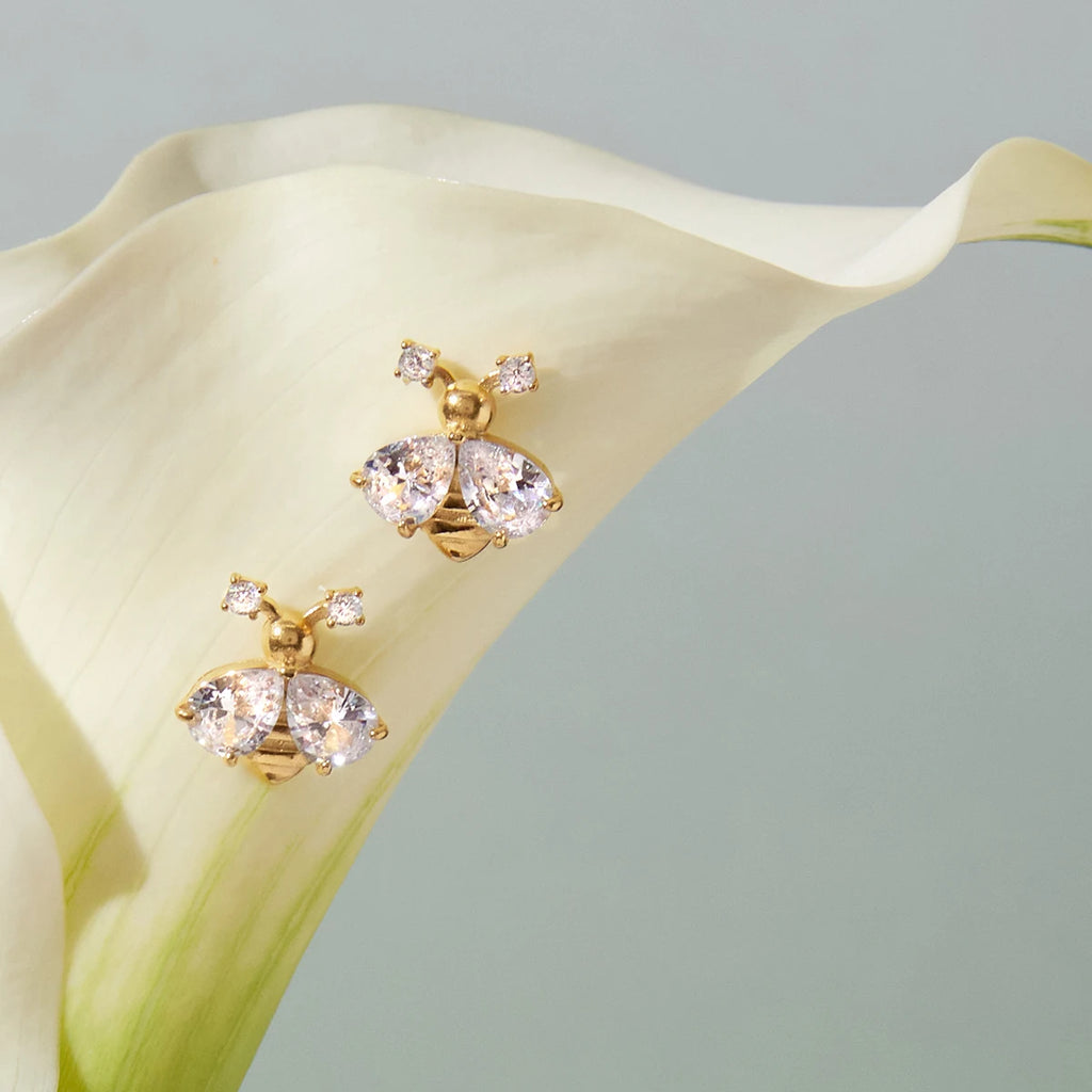 KIKA Classic Personality 18K Gold Color PVD  Plated Inlay White Zircon Bee Earrings Hypoallergenic Stainless Steel 316L