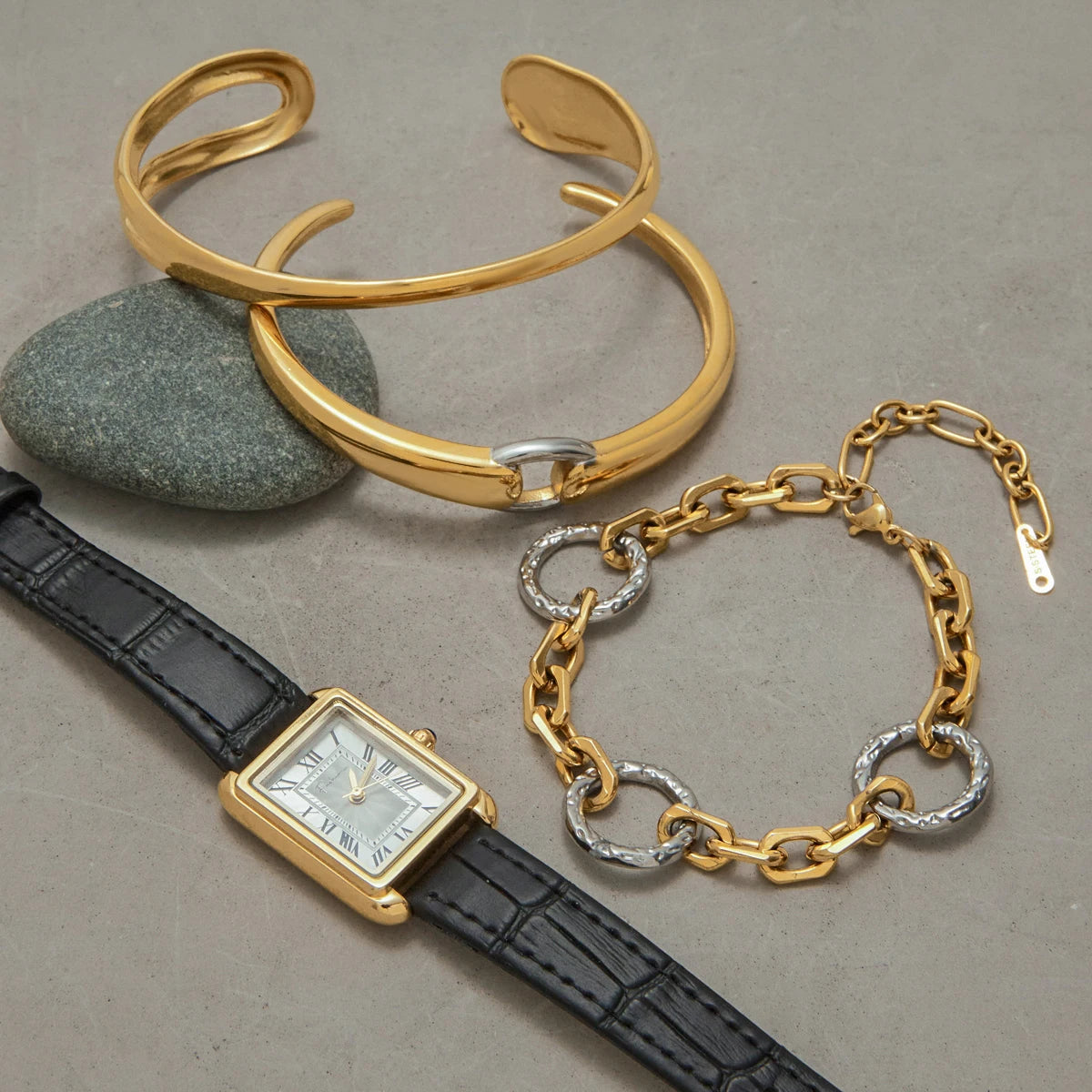 KIKA  Fashion Geometric Rectangular Belt Watch Two tone Chain Bracelet Stainless Steel 316L PVD Plated