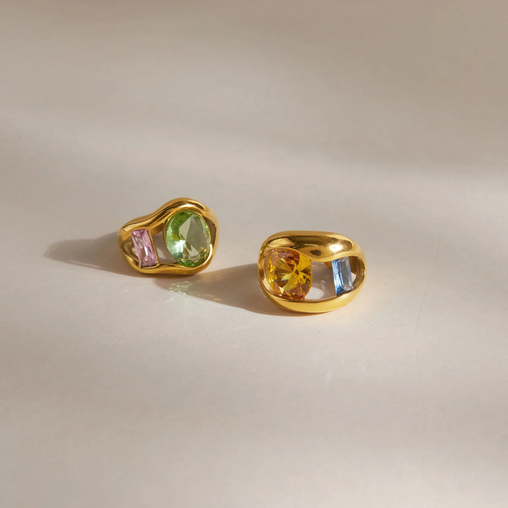 KIKA Chunky Multicolor Big Zircon Hollow Open Ring 18K Gold PVD Plated Stainless Steel 316Lt