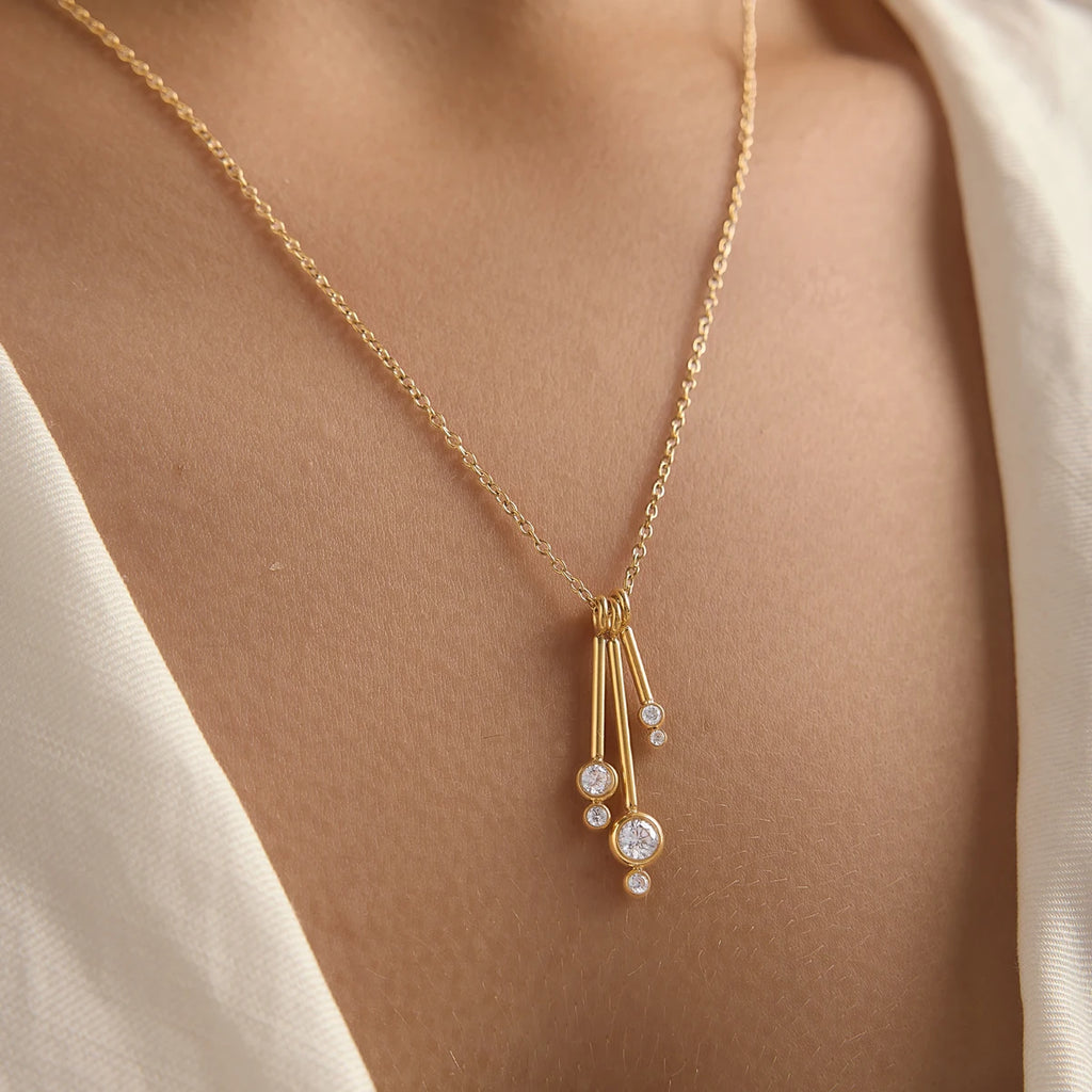 KIKA Round Zircon Stick Pendant Necklace PVD Gold Plated Stainless Steel 316L