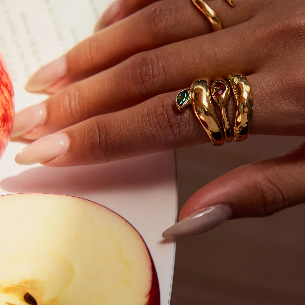 KIKA Fashion Independent Designer's 18K Gold Color Plated Stainless Steel Apple Hammer Pattern Stackable Ring Women's Jewelry