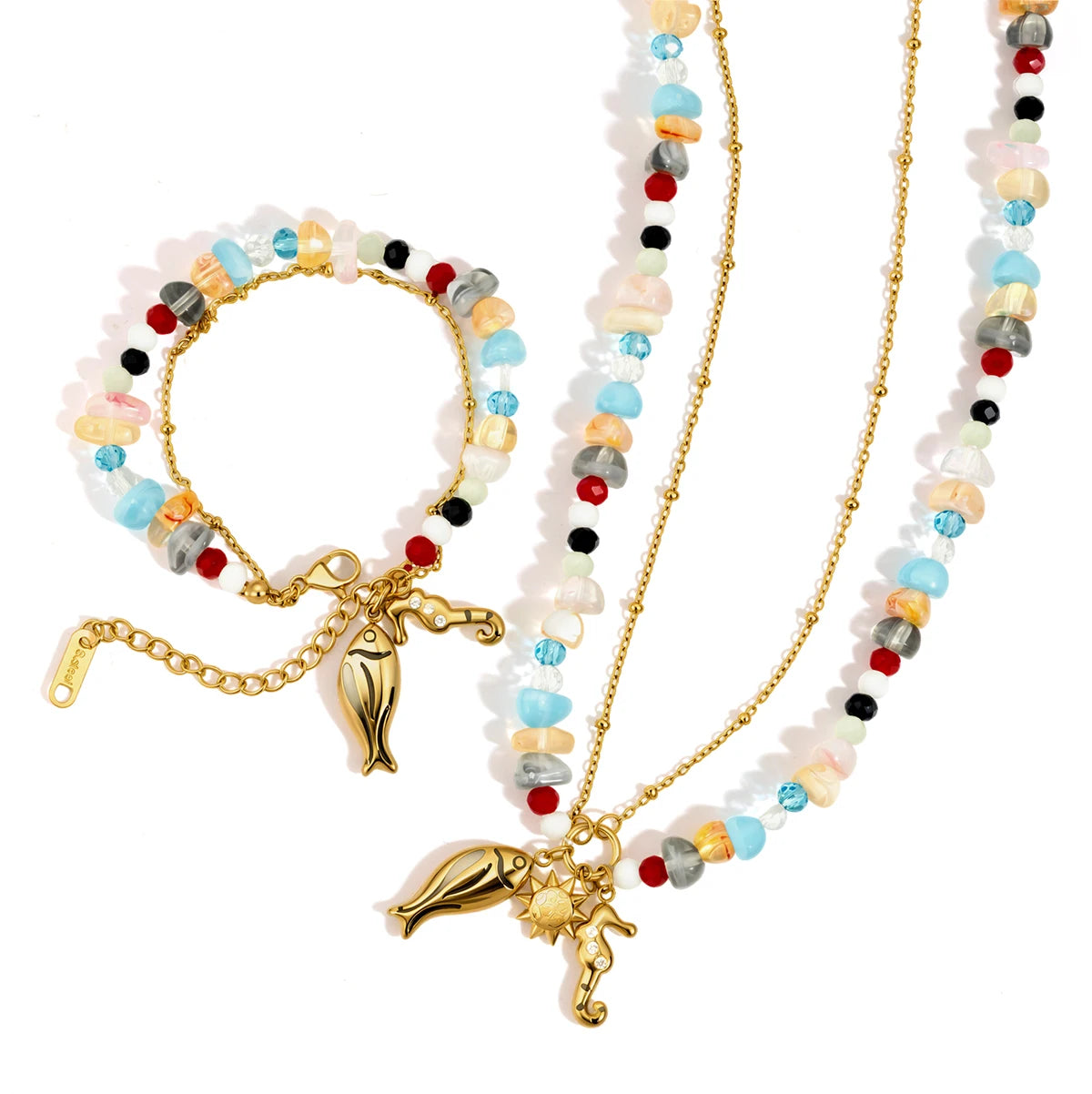 Kika Delicate Seahorse Drip Oil Fish Pendant Double-Layer Necklace