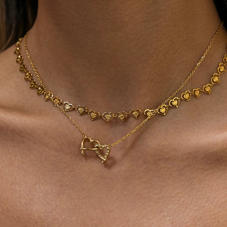 Kika Gold Plated Classic Zircon Heart-shaped Double-ring Interlocking Pendant Necklace