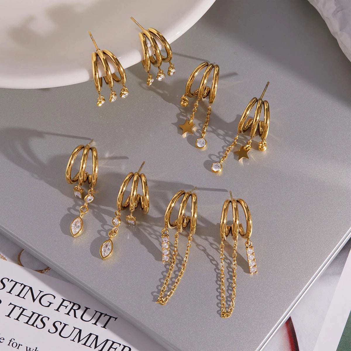 Kika Geometric Zircon Pendant Chains Tassel Earrings