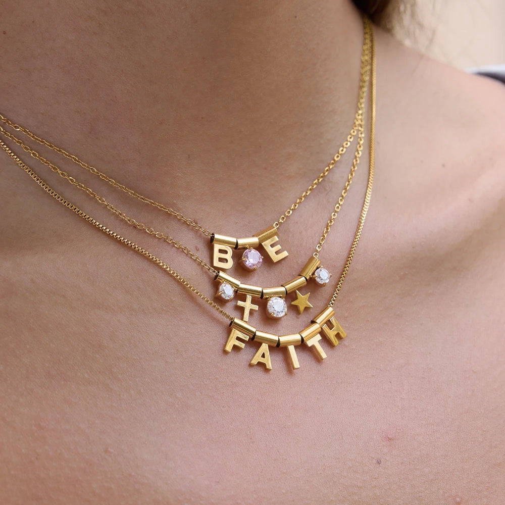 Kika Detachable Letter Zircon Pendant Necklace For Women 18K Gold PVD Plated Stainless Steel 316L