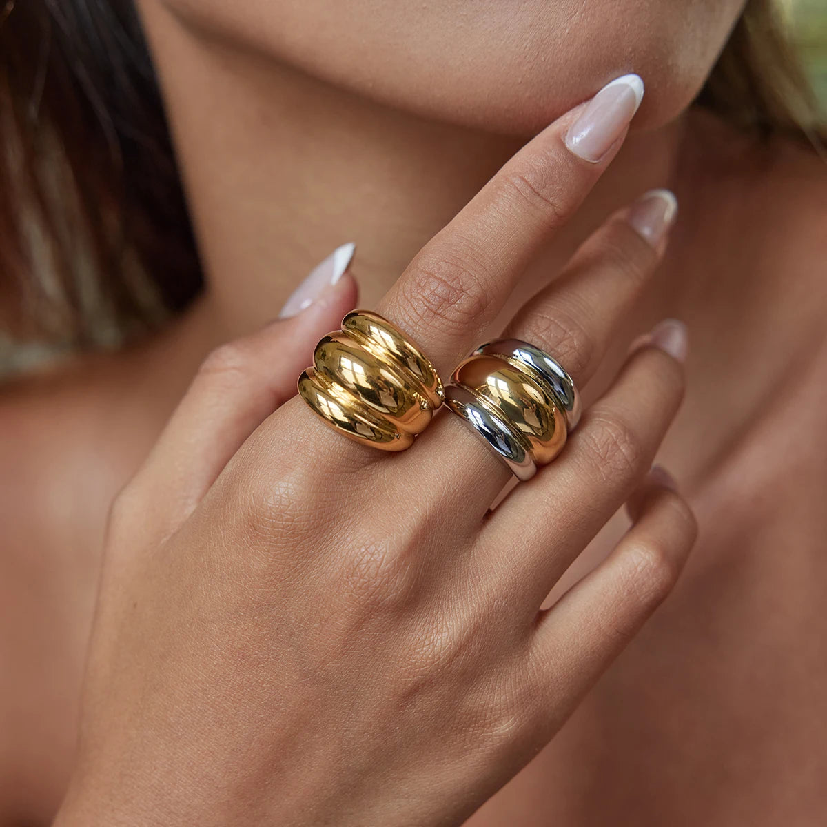 KIKA Statement 18K Gold Color Plated Stainless Steel Waterproof Two tone Chubby Three layer Raised Ribbed Ring Women's Jewelry