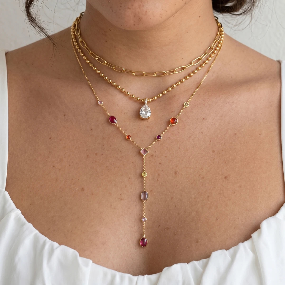 Kika Multicolor Geometric Zircon Y Shape Chain Necklace PVD Plated Stainless Steel