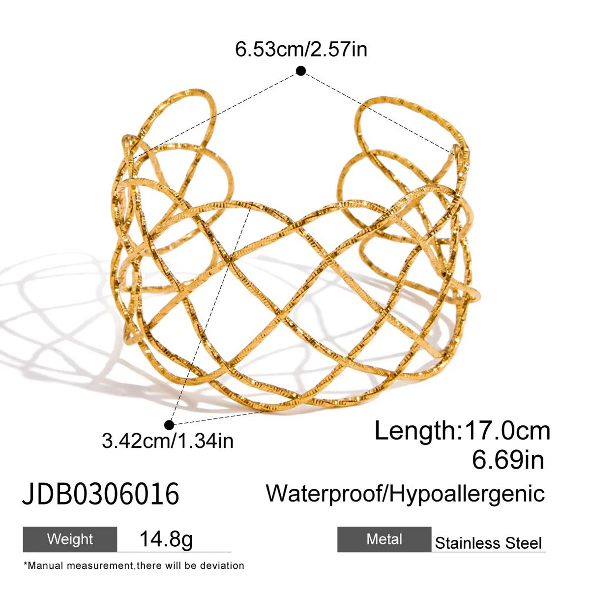 KIKA Unique Stainless Steel 316L Metal Wide Cuff Open Bracelet Bangle  PVD Plated Waterproof