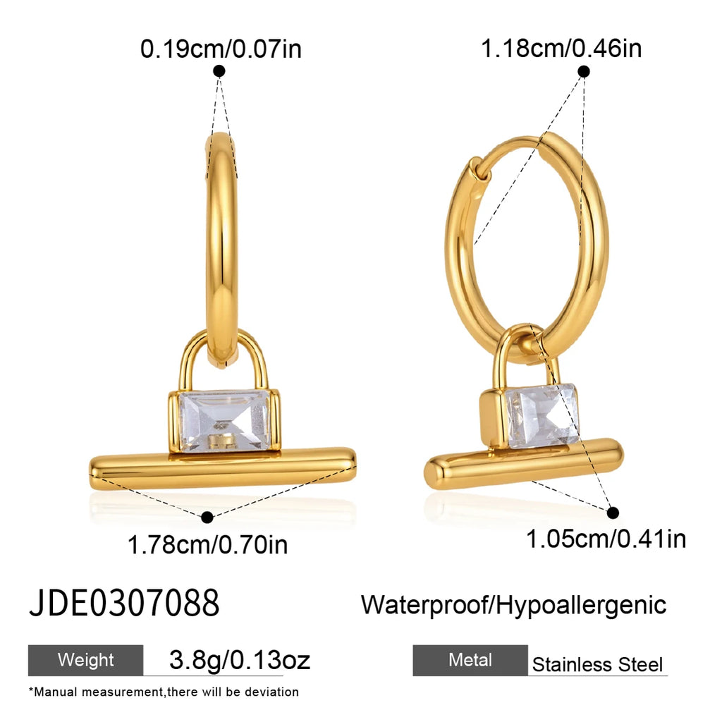 KIKA  Classic Square Zircon T-Bar Pendant Earrings For Women 18K Gold PVD Plated Stainless Steel Earrings Fashion Jewelry