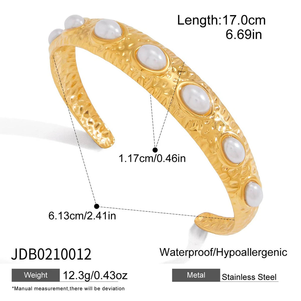Classic Wide Hammer Patterned Imitation Pearl Opening Bracelet