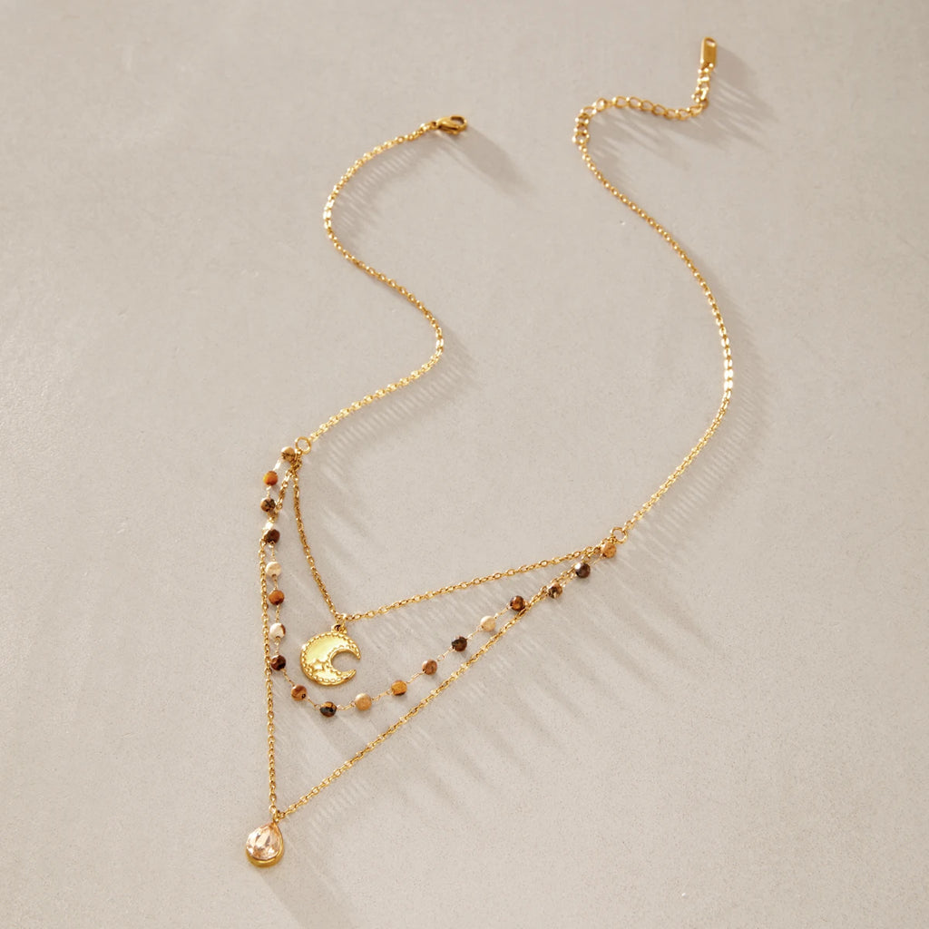 KIKA Natural Stone Beads Moon Water Drop Pendant Necklace For Women 18K Gold Plated Stainless Steel 316L