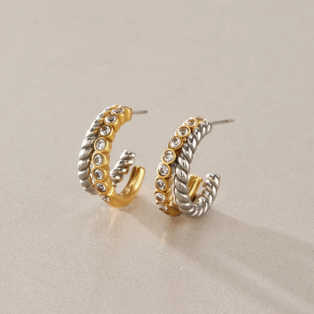 KIKA Delicate Zircon Mixed Color C Shape Stud Earrings For Women 18K Gold PVD Plated Stainless Steel 316L