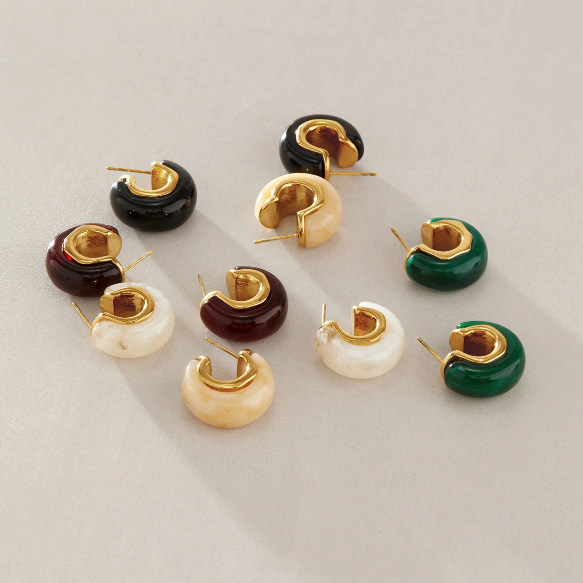 KIKA Vintage Chunky C Shape Resin Stud Earrings For Women 18K Gold PVD Plated Stainless Steel 316L