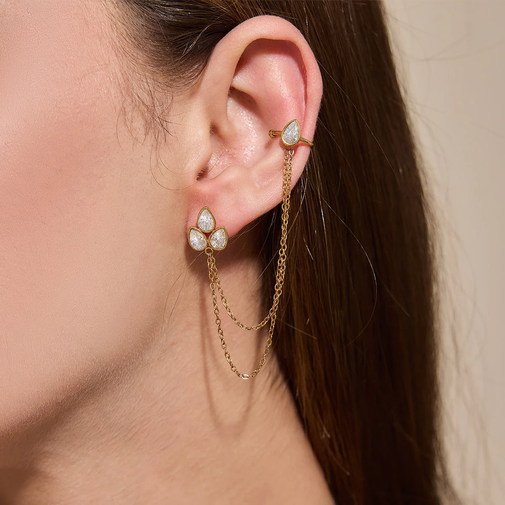 Kika Water Drop Zircon Chain Tassel Earrings 18K Gold PVD Plated Stainless Steel