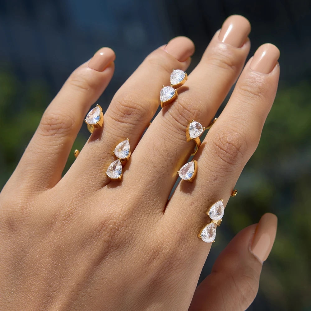 Kika Classic Water Drop Zircon Open Rings Minimalist 18K Gold PVD Plated Stainless Steel 316L