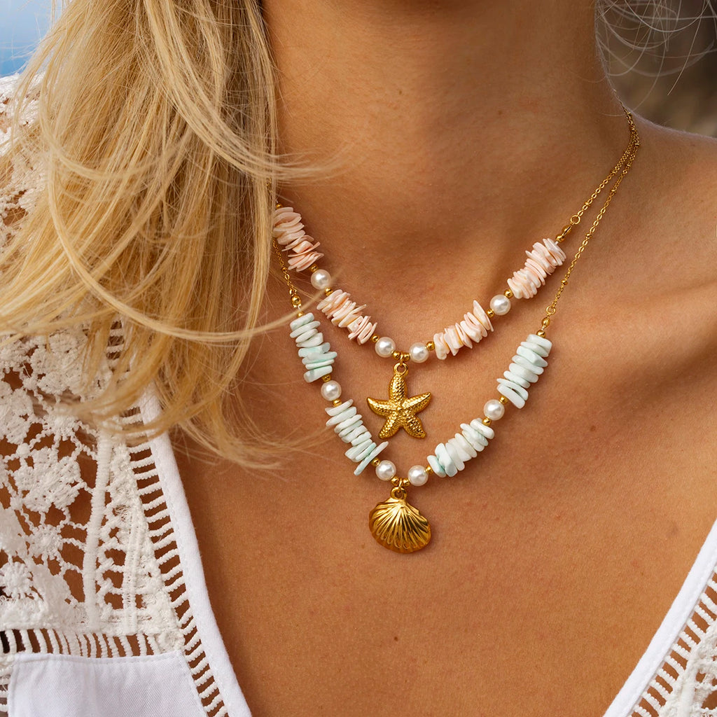 Kika Vacation Style Ocean Series Shell Starfish ImitationPearl Necklace