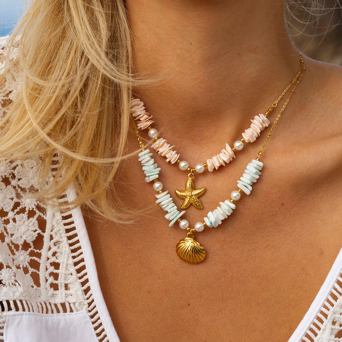 Kika Vacation Style Ocean Series Shell Starfish ImitationPearl Necklace
