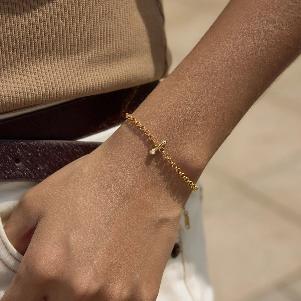 Kika Delicate White Geometric Zircon Stick Paperclip Chain Bracelet