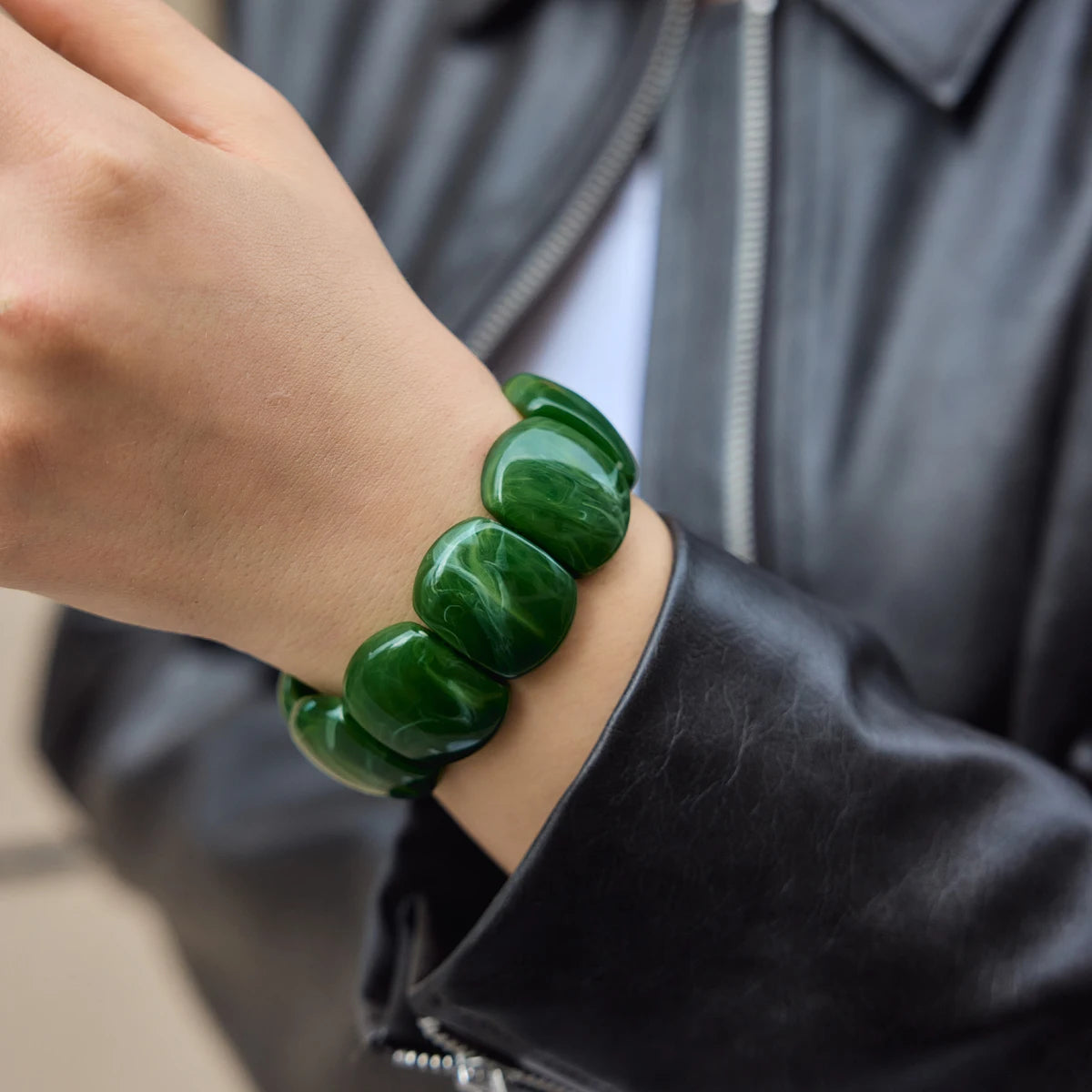 KIKA Vintage Blue Green Resin Wide Bangles Adjustable Elastic Bangles Simple
