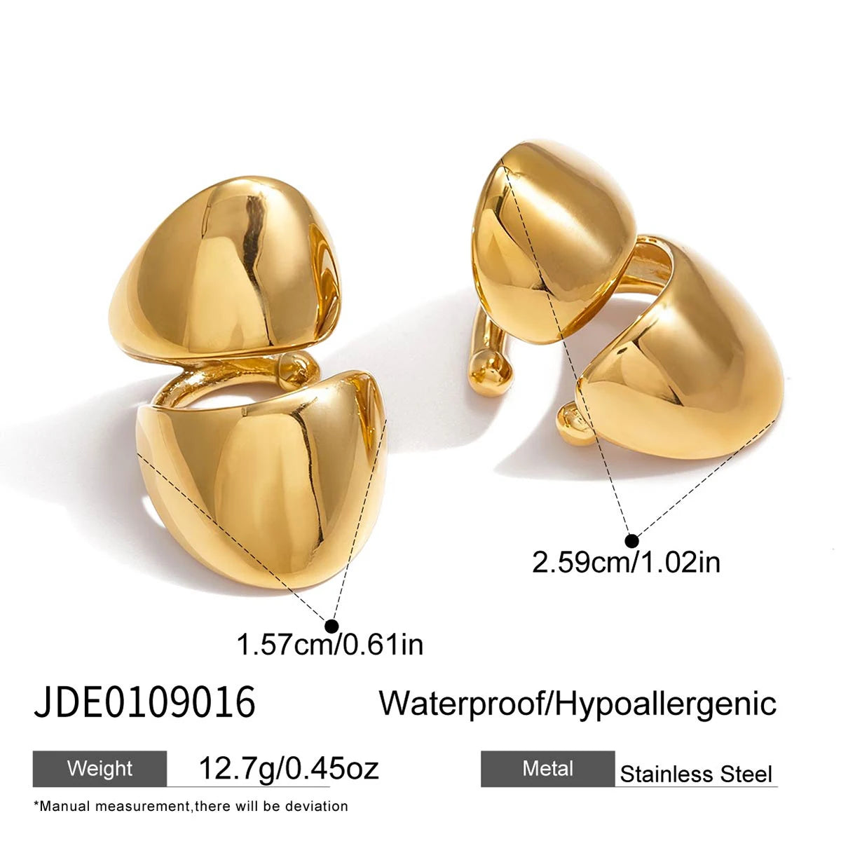 KIKA Classic 18K PVD Plated Gold Color Wide-Faced Double-Layer Ear Clip Earrings Women Waterproof Stainless Steel 316L