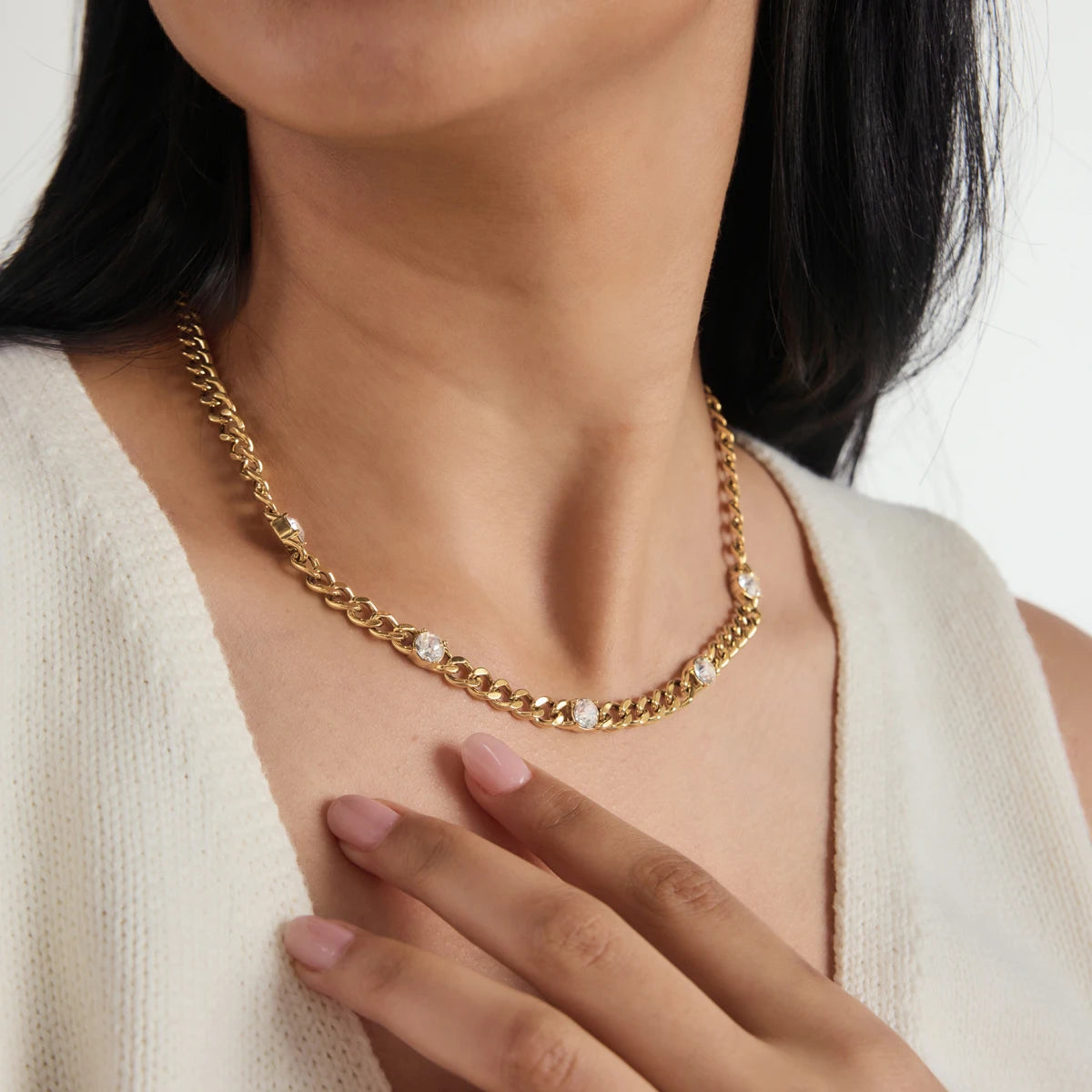 KIKA Minimalist Crystal Chunky Chain Necklace For Women Classic 18K Gold PVD Plated Stainless Steel Necklace Fashion Jewelry