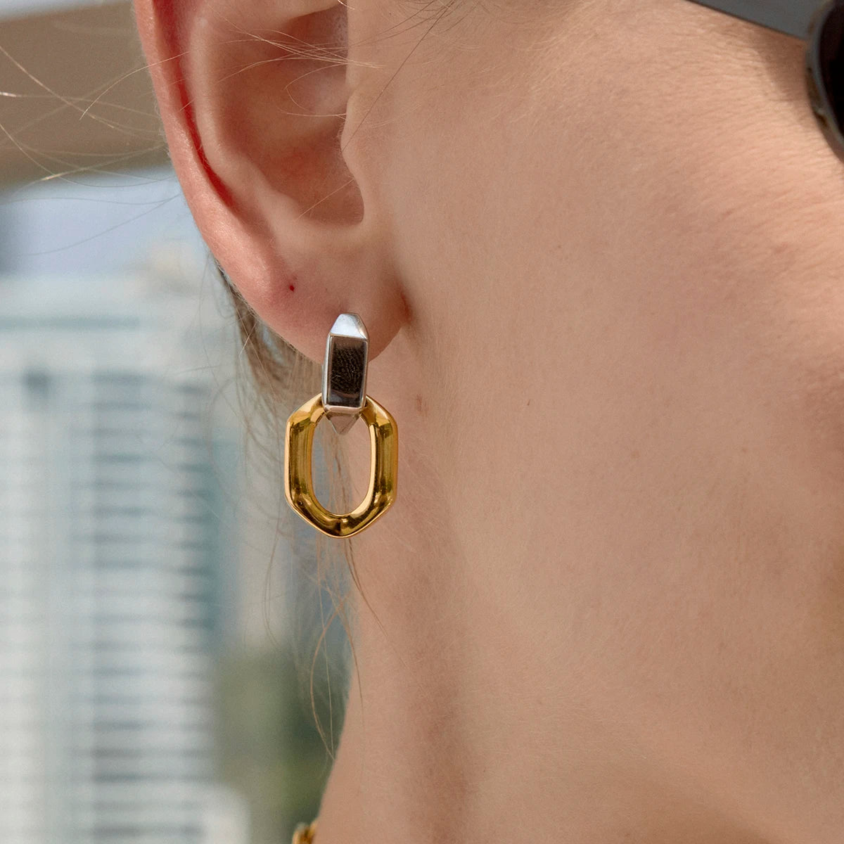 Kika  Delicate Blocked Smooth Geometric Double Ring Pendant Earrings