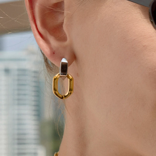 Kika  Delicate Blocked Smooth Geometric Double Ring Pendant Earrings
